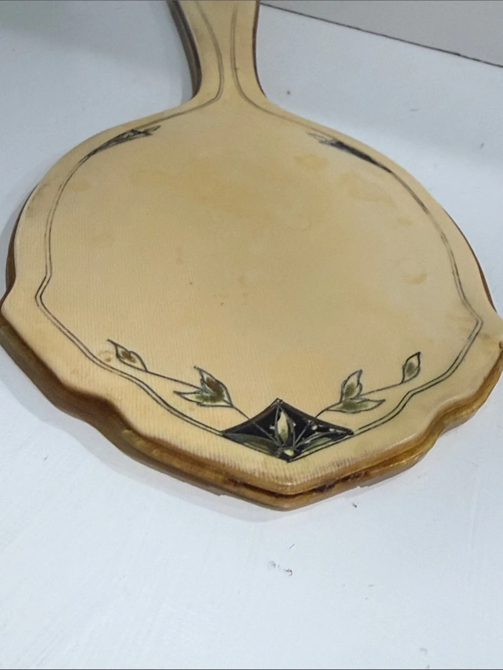 Vintage Antique Art Deco French Vanity Cream Hand Mirror with Black Accent 1920s